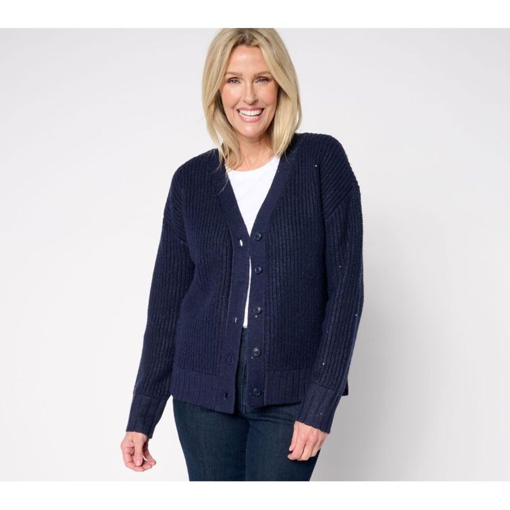 Studio Park Women's Top Sweater Sz M x Amy Stran Button Front Blue A701574